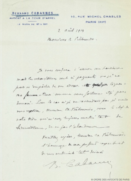 Cabannes lettre au Batonnier 1914